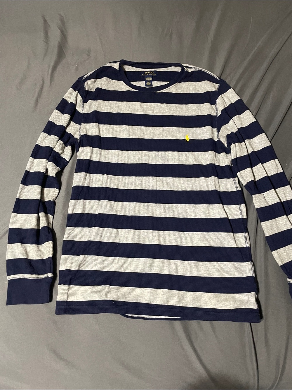 Polo by Ralph Lauren Men’s Navy and Light Gray Striped Long Sleeve Tee